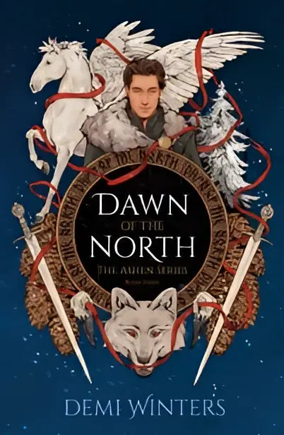 The book cover of Dawn of the North the Ashen Series Book Three features a dark blue background with gold and white illustrations