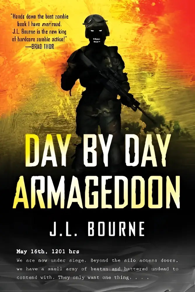 De boekcover van day by day armageddon toont een zwarte geharnaste soldaat met gloeiende witte ogen en een geweer tegen een vurig oranje achtergrond