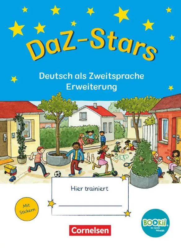 Dit is een kleurrijk duits kinderwerkboek daz-stars met illustraties van spelende kinderen onder een sterrenhemel binnen dezelfde reeks