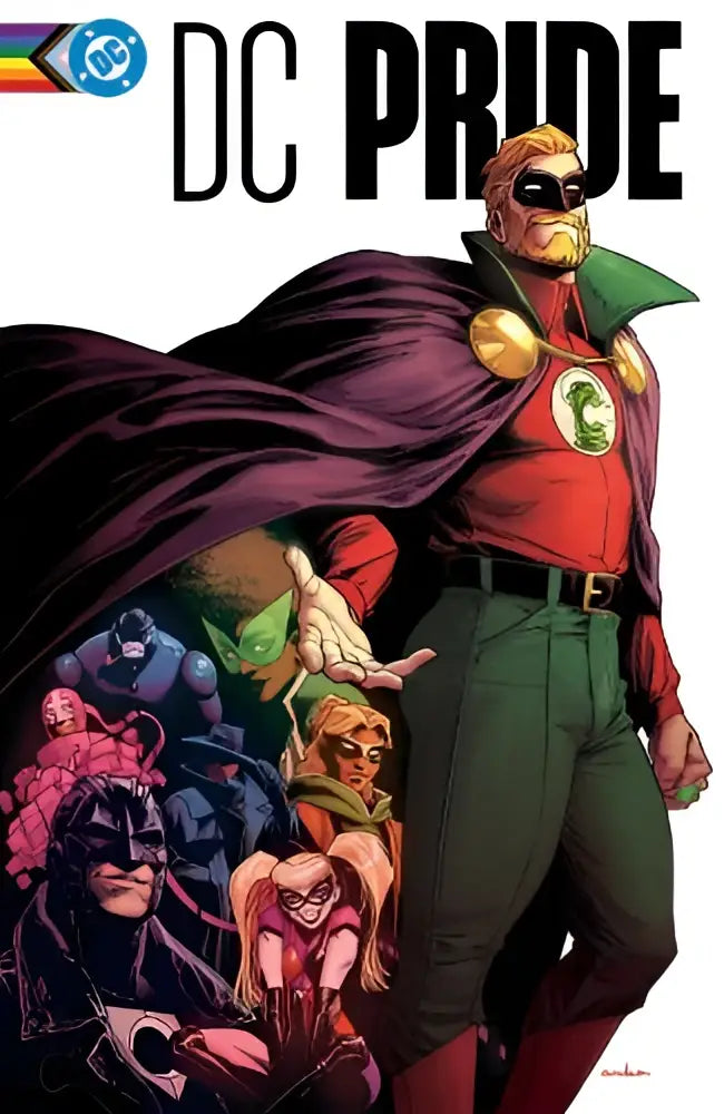 Vibrante comicboekcover van dc pride the heart wants met green lantern in roodgroen kostuum met gouden accenten