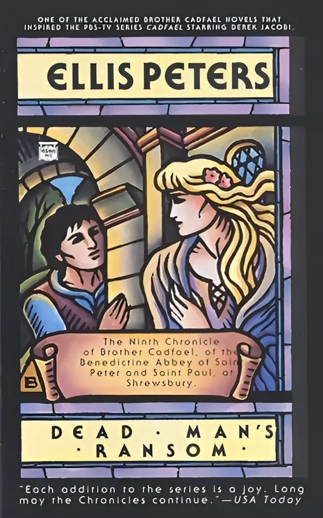 De cover van het boek dead mans ransom toont een kleurrijke glas-in-lood stijl illustratie van middeleeuwse figuren