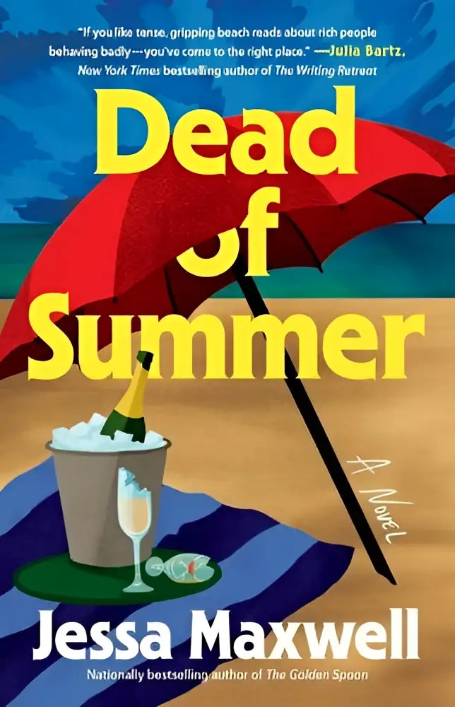 Rode paraplu met zwart handvat op gestreept strandlaken naast champagnekoeler met fles en glazen bij Dead of Summer roman