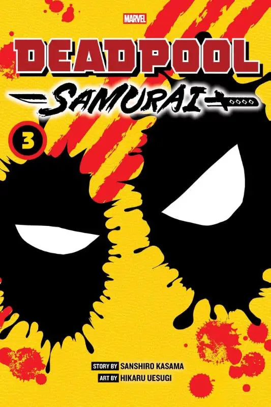 Dekking van comicboek deadpool samurai volume 3 met zwart-witte ogen op gele achtergrond met rode spatten