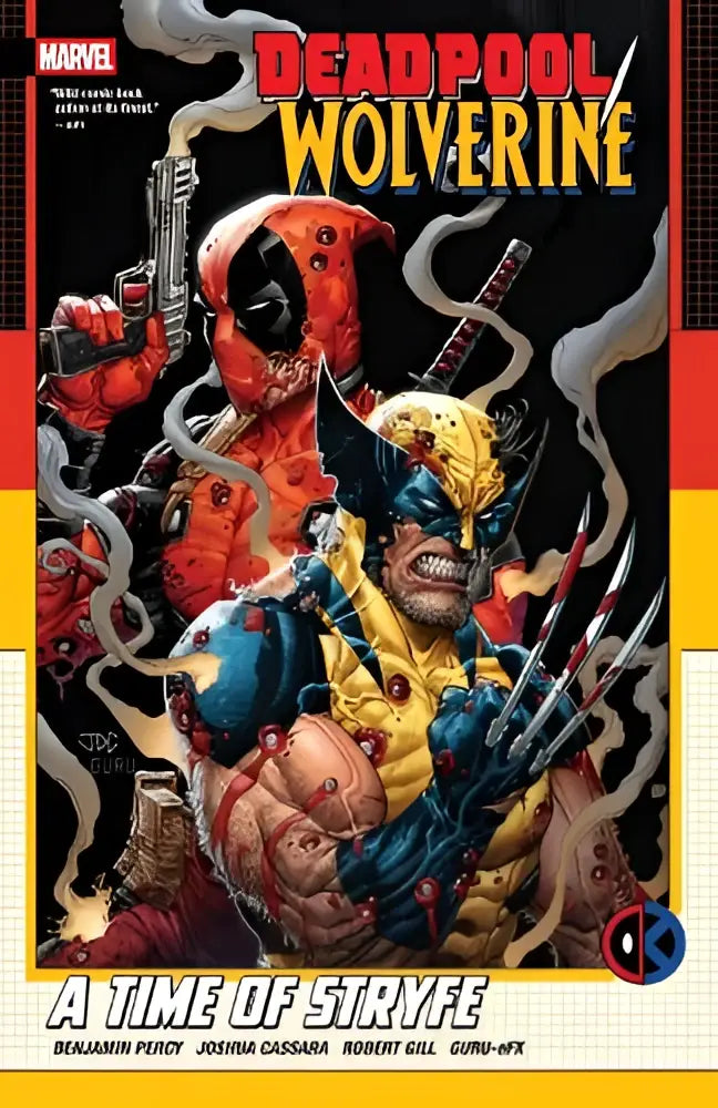 Comicboek cover van deadpool wolverine a time of stryfe met deadpool in rood zwart en wolverine in geel blauw