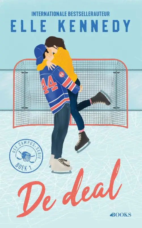 De cover van het boek De deal door Elle Kennedy toont een geïllustreerd koppel in hockeyuitrusting op het ijs, ideaal voor liefhebbers van Off Campus love books