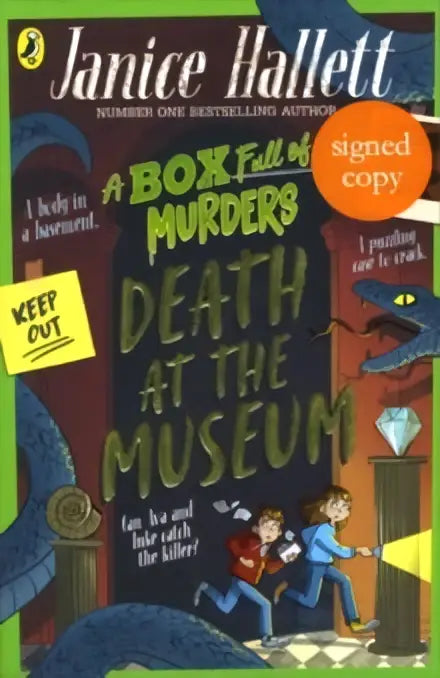 A vibrant illustrated children’s book cover of death at the museum signed edition by Janice Hallett