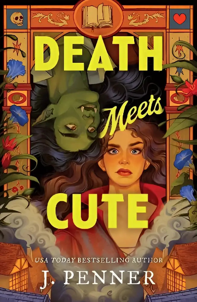 De boekomslag van death meets cute door j toont een cosy grumpy x sunshine romantasy van de auteur van adenashire series
