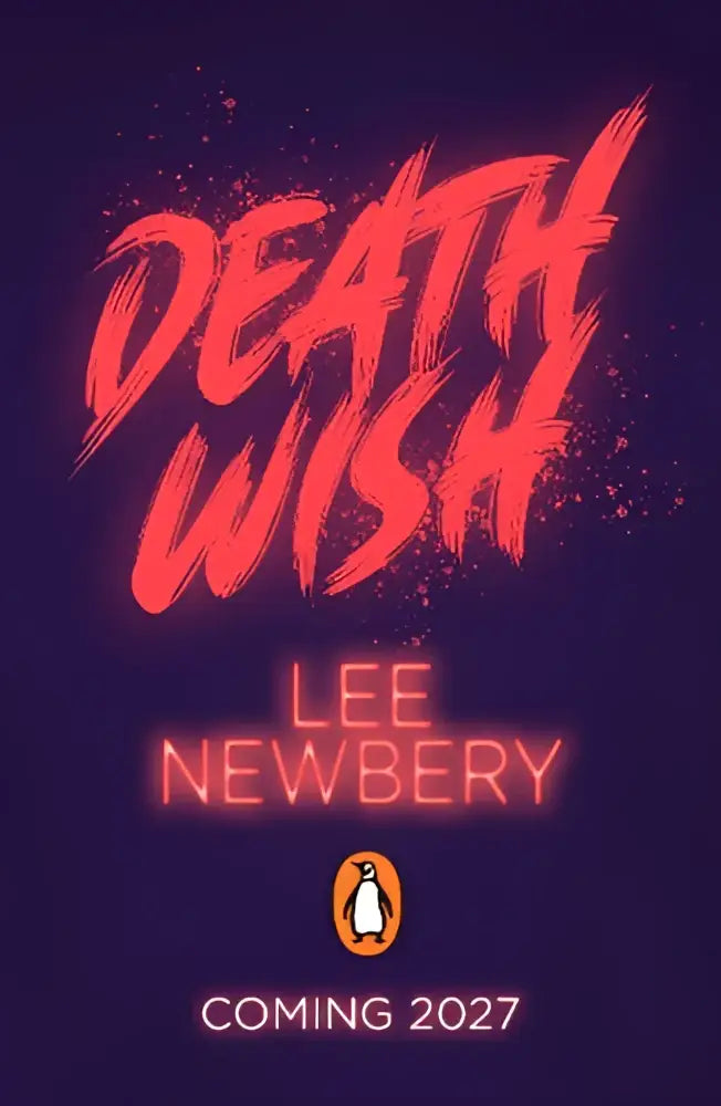 Cover van het boek death wish van lee newbery met rode kwaststreektitel op donkerpaarse achtergrond teenage fiction