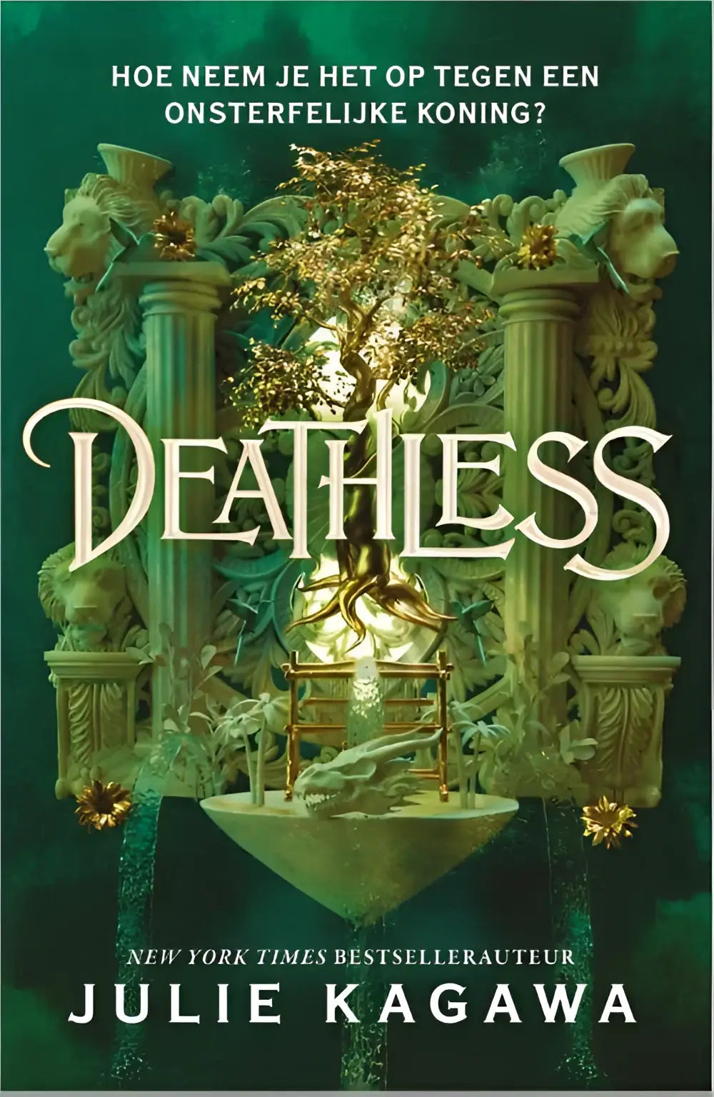 The book cover for Deathless by Julie Kagawa features ornate golden columns and a glowing tree on a deep green background