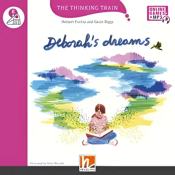 Kleurrijke illustratie uit kinderboek Deborahs dromen: kind leest onder regenboogwolken