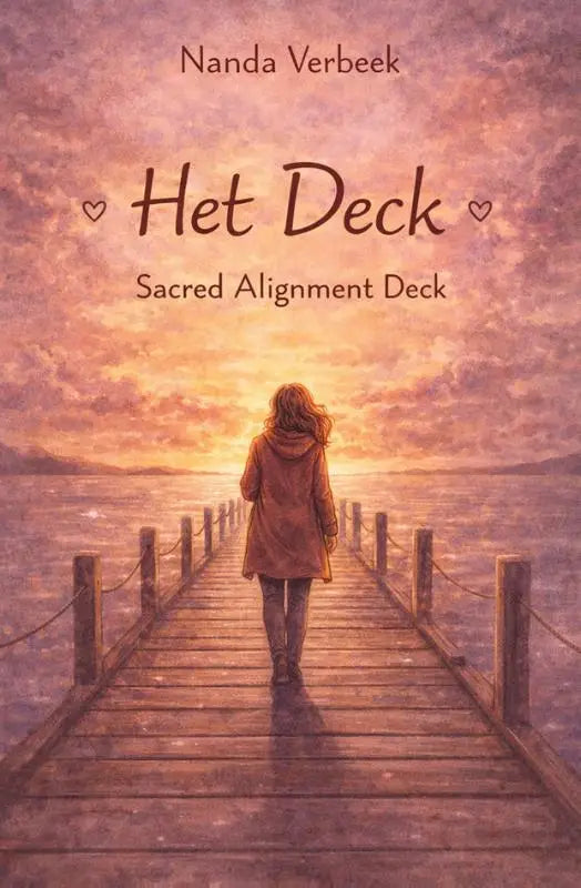 De cover van het deck sacred alignment deck door nanda verbeek toont een vrouw in een oranje jas op een houten pier bij zonsondergang