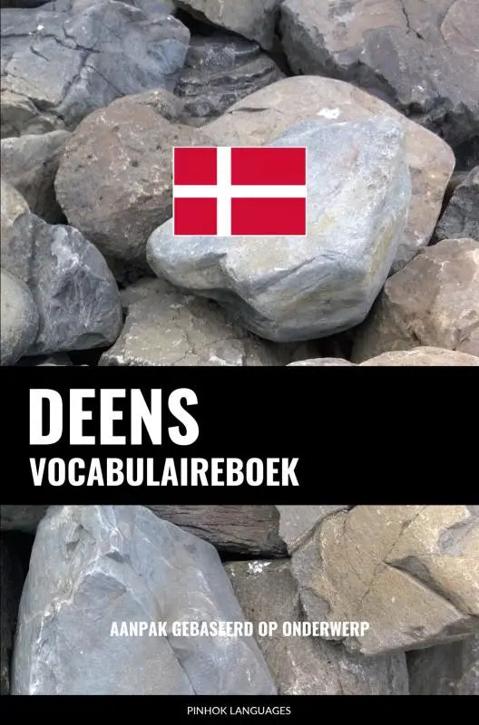 Een deens vocabulaireboek met een aanpak gebaseerd op onderwerp toont een Deense vlag op een grijze rots