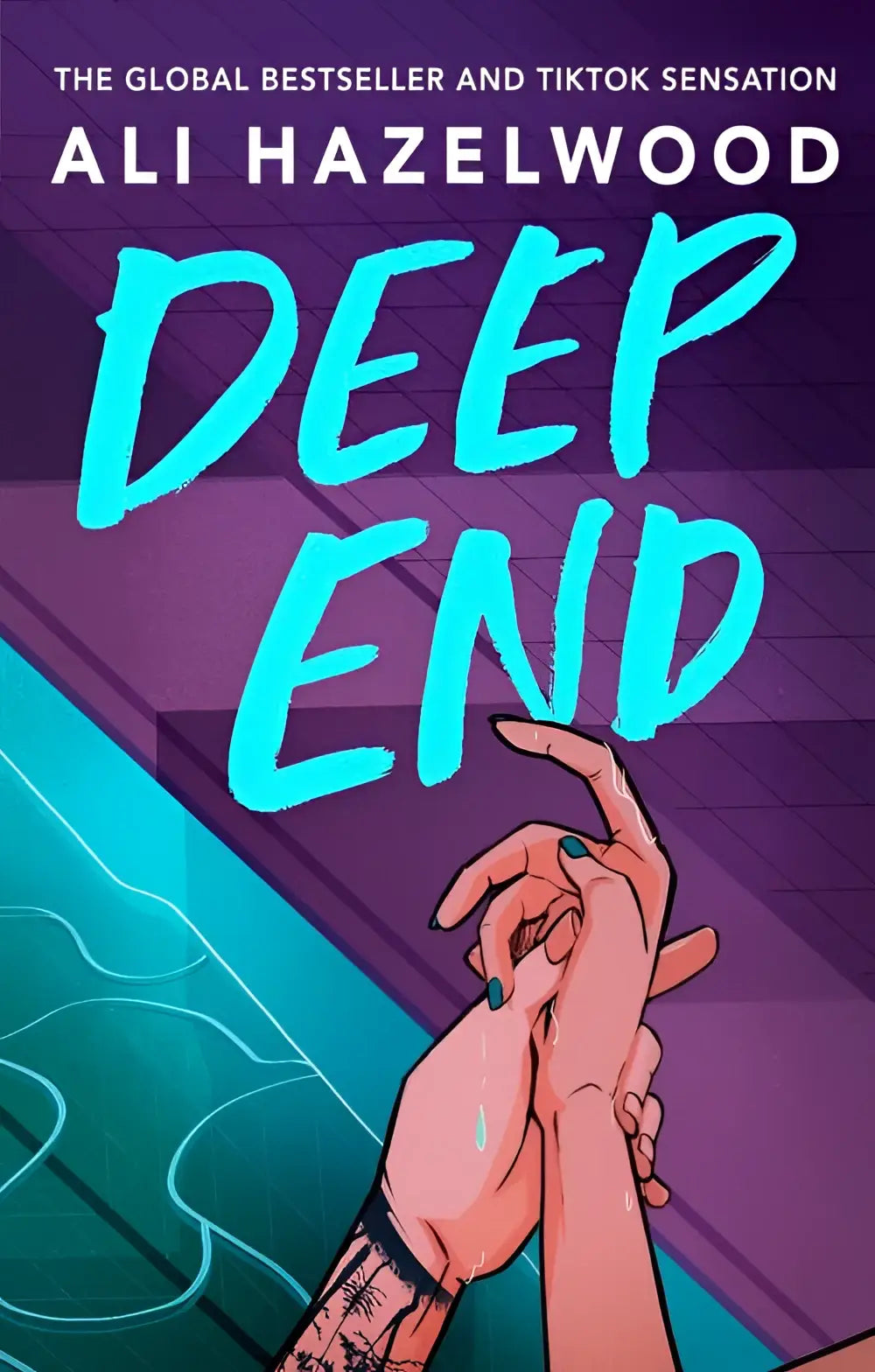 De boekcover van deep end door ali hazelwood toont opvallende teal letters en een illustratie van twee handen tegen een paarse achtergrond