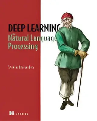 De boekcover van deep learning for natural language processing heeft een rode achtergrond met witte tekst en een man in groene kleding met een wandelstok
