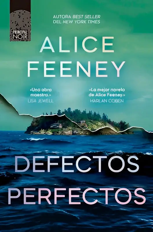 Het boek defectos perfectos van alice feeney heeft een teal en blauw oceaandesign met eiland silhouet
