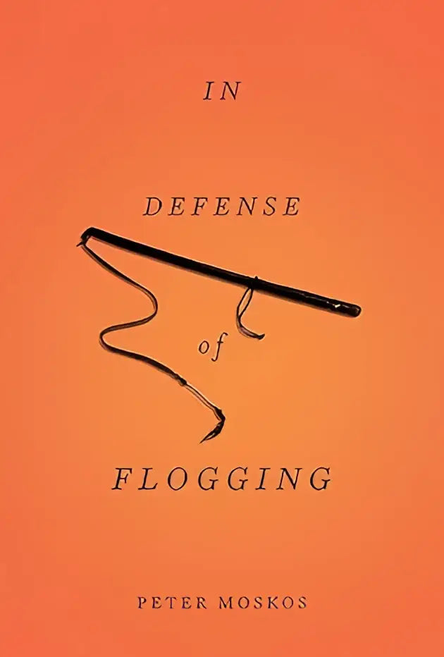 Boek cover van in defense of flogging met een zwarte elegante stok met gebogen handvat op warme oranje achtergrond