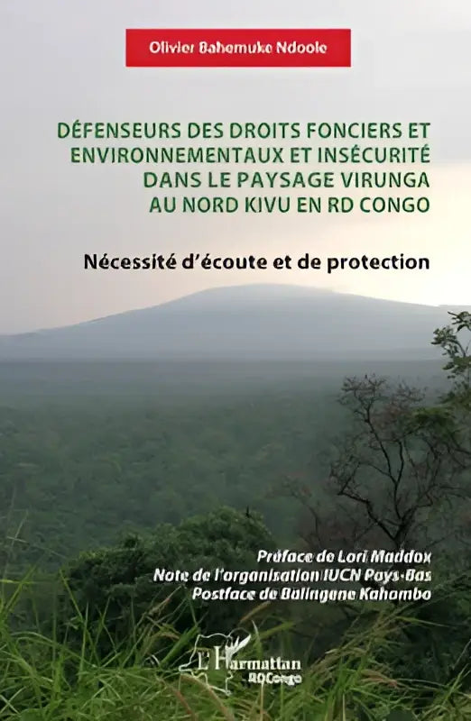 Boekomslag met een groen landschap en mistige bergen over land rights en milieubescherming in virunga noord kivu