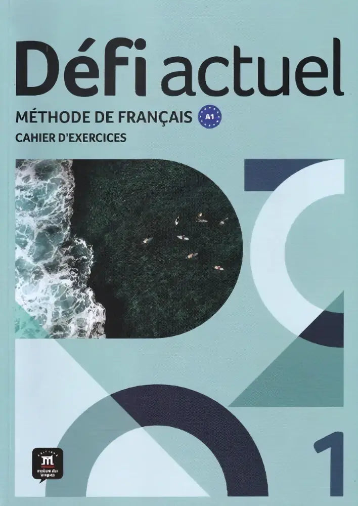 Lichtblauw en donkerteal geometrisch patroon cahier d´exercices défi actuel met cirkelvormige foto van oceaangolven op omslag