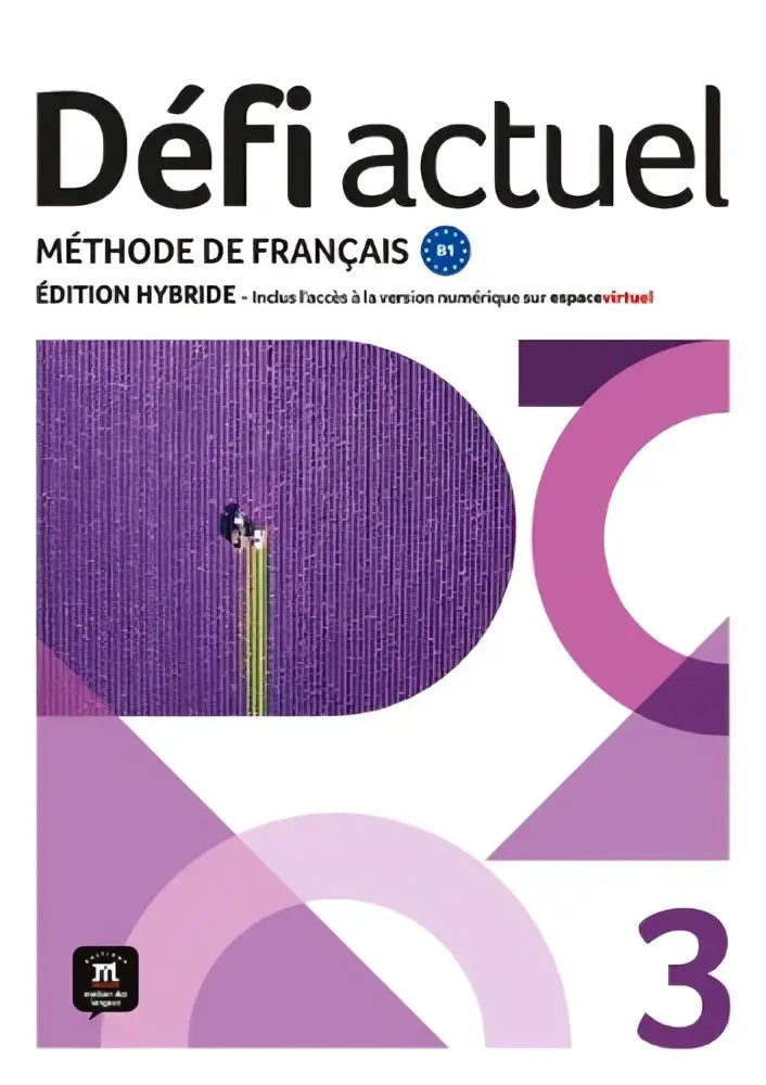 Paars en roze geometrisch ontworpen boekomslag voor défi actuel édition hybride talen algemeen studieboek editie 3