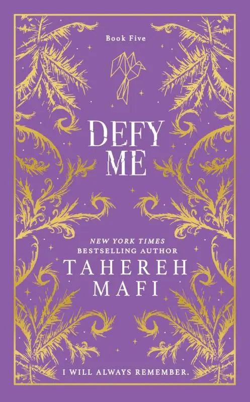 Paarse boekomslag met goudfolie en sierlijke bladpatronen voor defy me van tahereh mafi