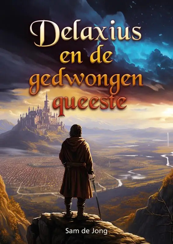 De boekcover van delaxius en de gedwongen queeste toont een figuur in bruine gewaden op een klif met een stad en kasteel