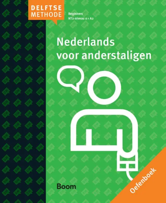 Groen dutstalig beginnersboek van de delftse methode met witte figuur en tekstballonnen op de cover van boom
