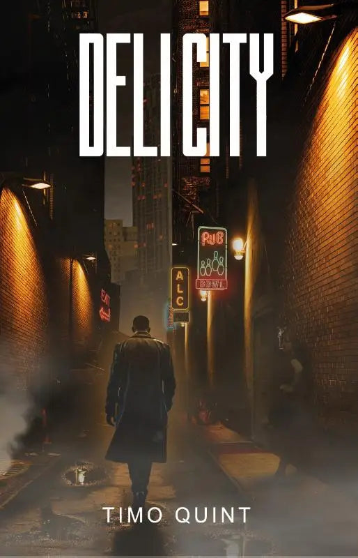 De cover van het boek deli city door timo quint toont een man in een donker mantel lopend door een mistige steeg met neonlichten