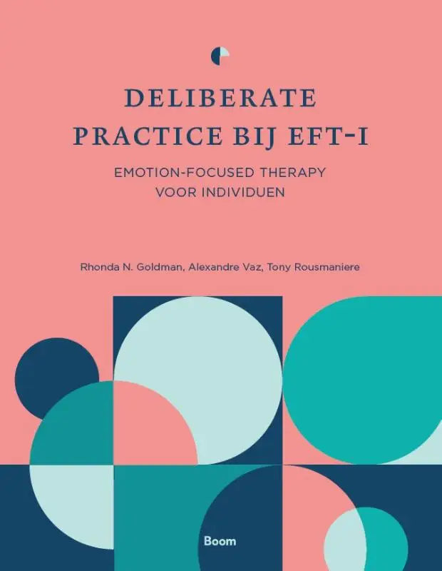 Roze boekomslag met geometrisch ontwerp en overlappende cirkels voor deliberate practice en emotion-focused therapy