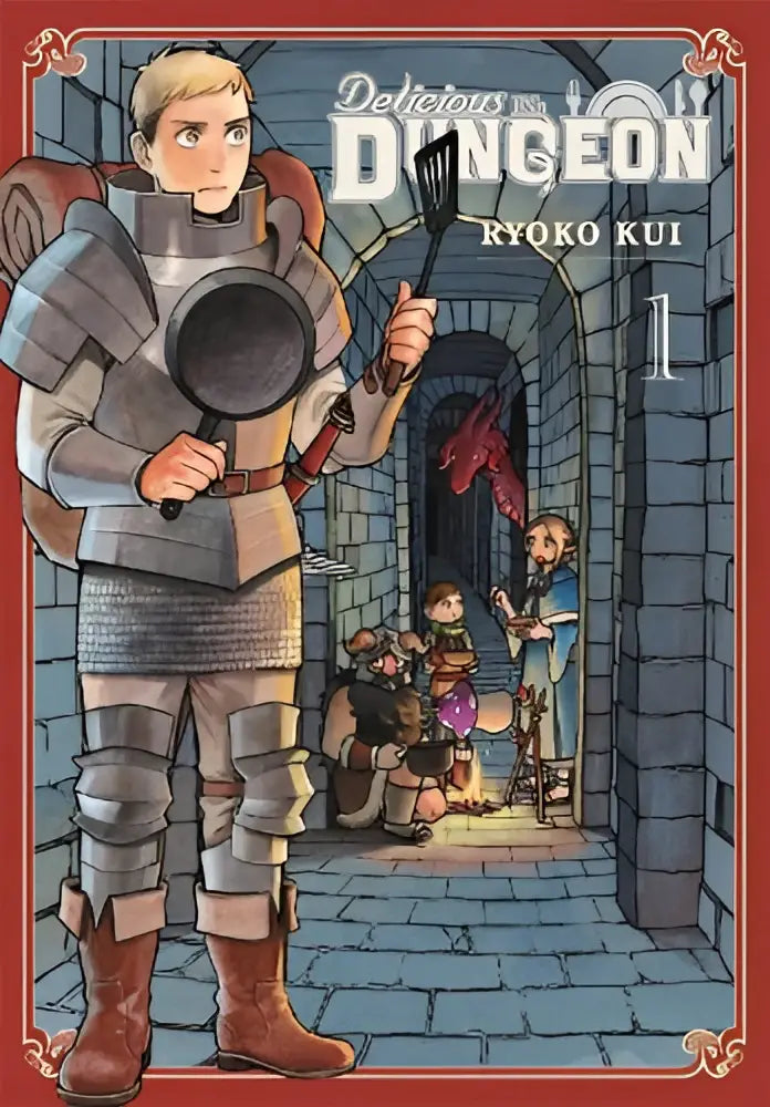 De omslag van de manga delicious in dungeon vol 1 toont een ridder in metalen harnas met een koekenpan en spatel