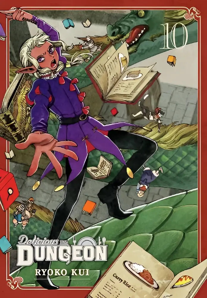 Vibrante paarse en zwarte fantasy manga cover van delicious in dungeon volume 10 met een dynamisch personage