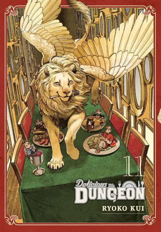 Een gouden gevleugelde leeuw met een sigaret zit aan een tafel met miniatuurfiguren en eten in delicious in dungeon volume 11