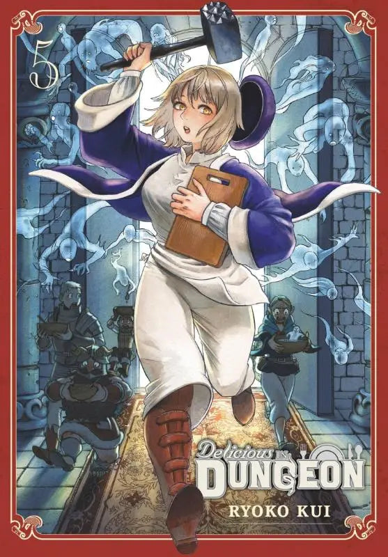 De cover van delicious in dungeon volume 5 toont een animefiguur met blond haar en paarse jas met een hamer