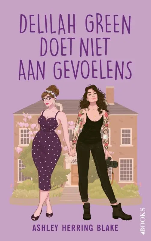 Paars omslag van het boek delilah green met twee geïllustreerde vrouwen voor een huis door ashley herring blake