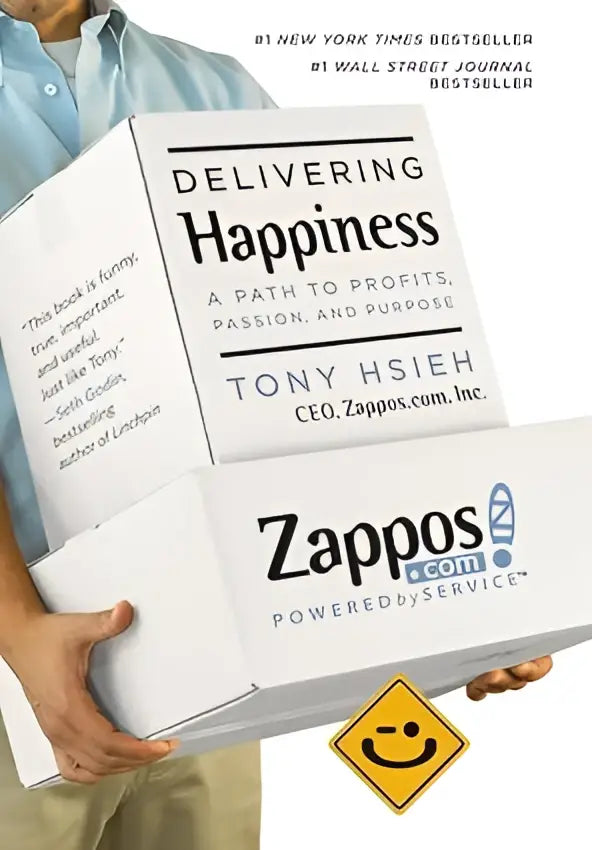 Witte kartonnen doos met zwart tekst en zappos logo met een glimlachend geel smiley-embleem voor delivering happiness product