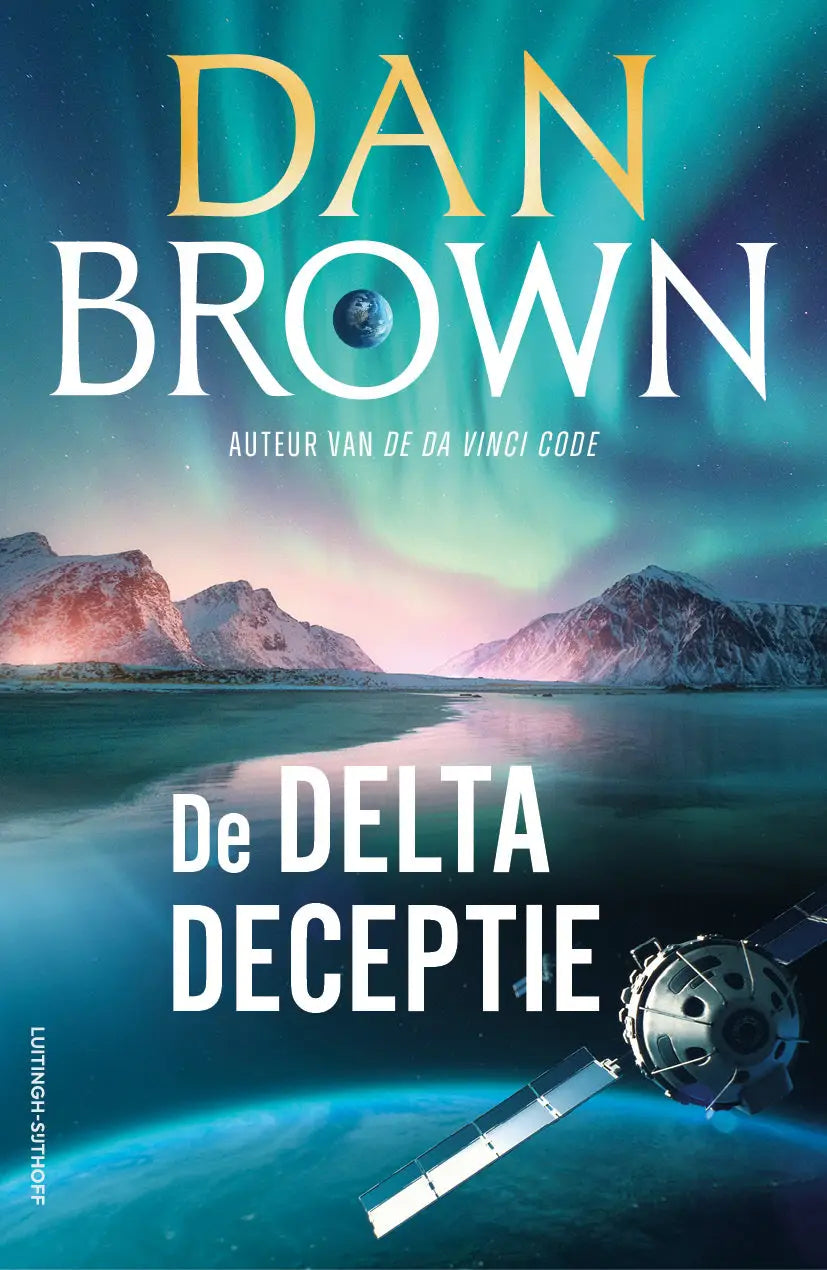 De delta deceptie boekcover toont een satelliet met metalen panelen en zonnepanelen voor aurora’s boven besneeuwde bergen