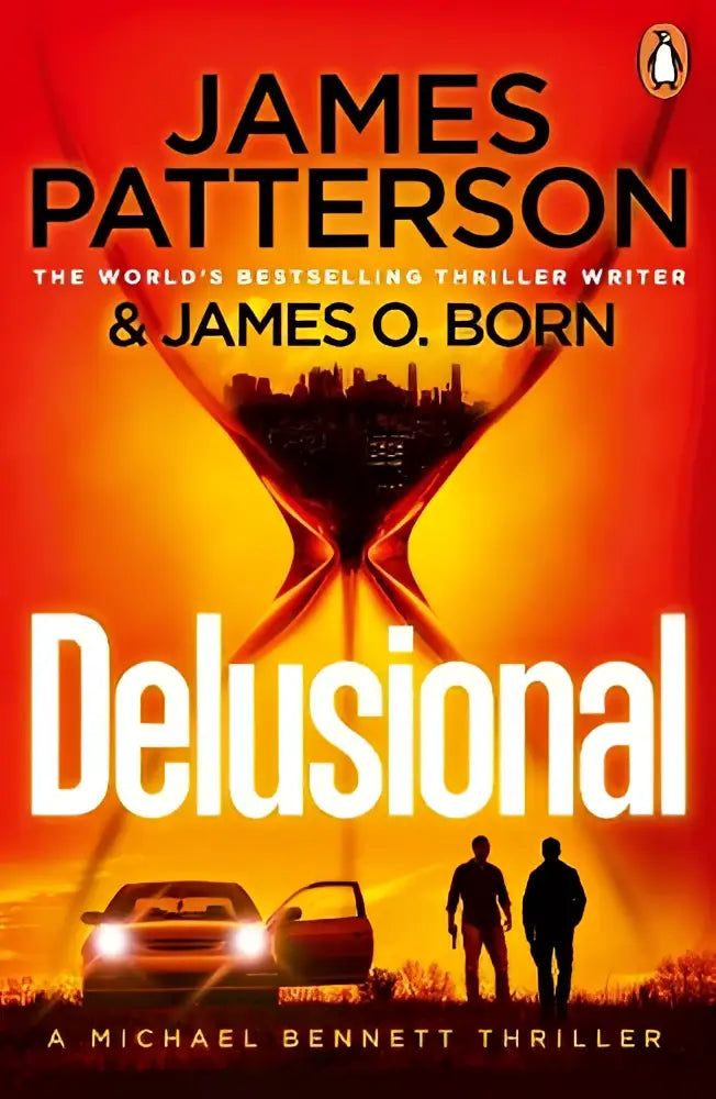 De boekcover van delusional toont de titel in witte letters met een oranje rode achtergrond en twee mannen bij een auto