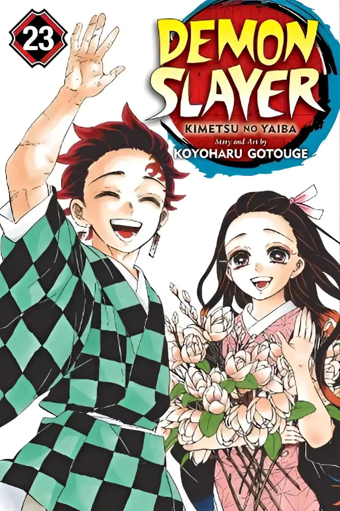 De cover van kimetsu no yaiba volume 23 toont twee personages in kleurrijke traditionele japans kleding life shining across