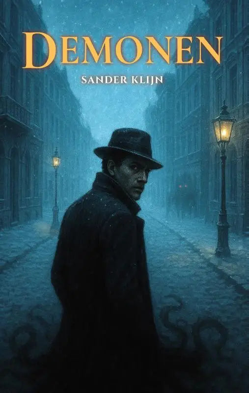 De roman demonen toont een man in een donkere fedora en jas op een besneeuwde straat met gloeiende lantaarns