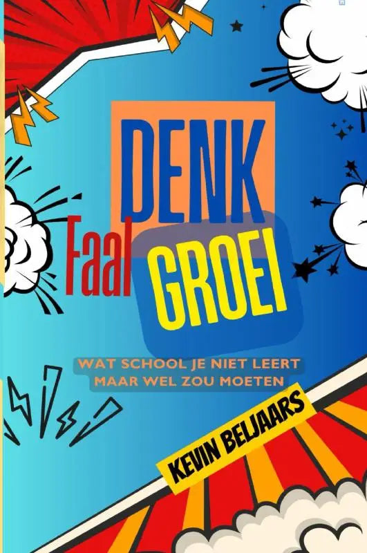 De kleurrijke boekcover van denk faal groei met grote blauwe en gele letters voor jonge lezers
