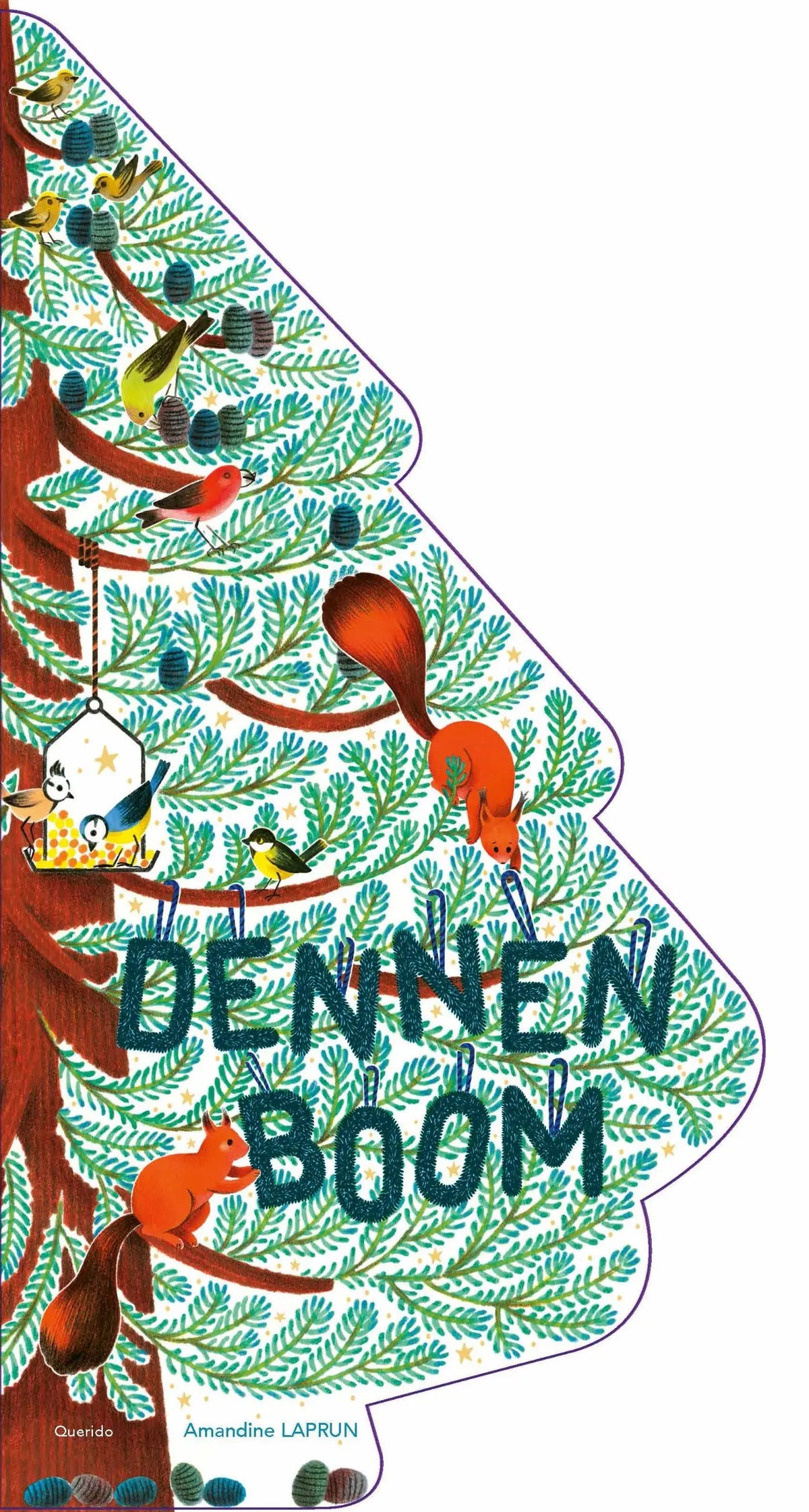 Kinderboek dennenboom door amandine laprun met kleurrijke illustraties van vogels en eekhoorns op groene takken