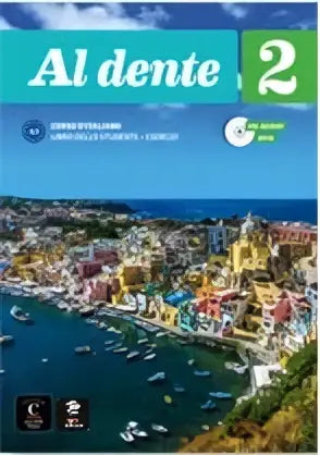 De cover van al dente 2 tekstboek werkboek talenland versie toont een kleurrijke illustratie van een kuststad van albert vilagrasa