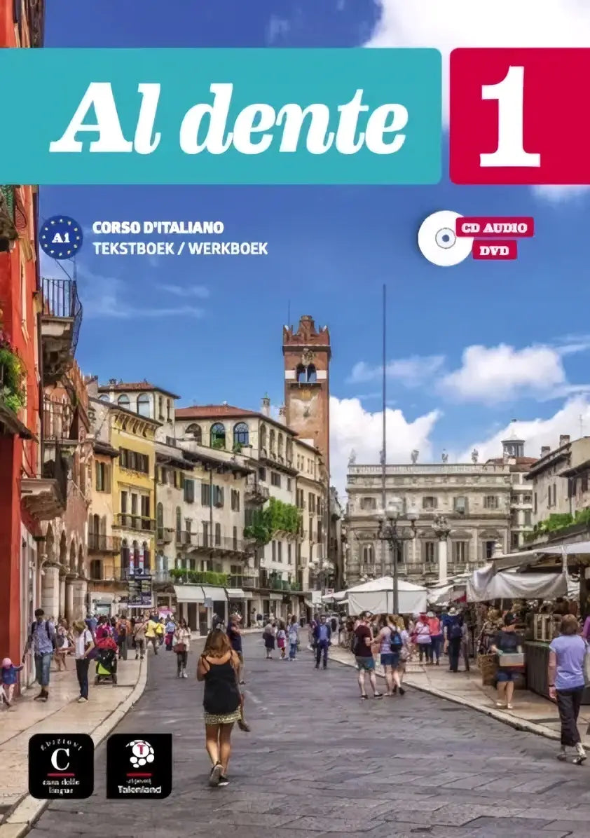 Al dente 1 italiaanse taalcursusboek met levendige straatscenefoto van historische gebouwen en actiegericht onderwijs