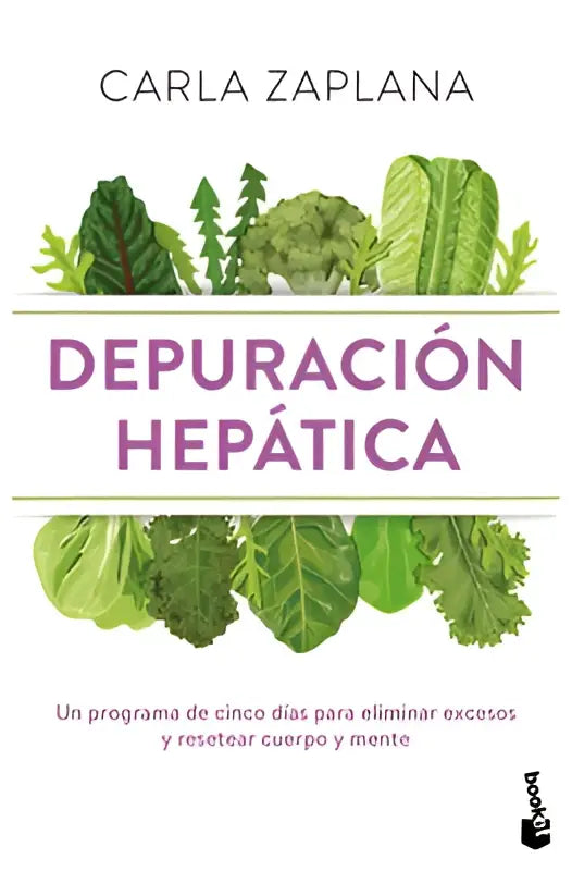 De book cover showing depuración hepática in purple with green leafy vegetables for un programa de cinco días para eliminar toxins