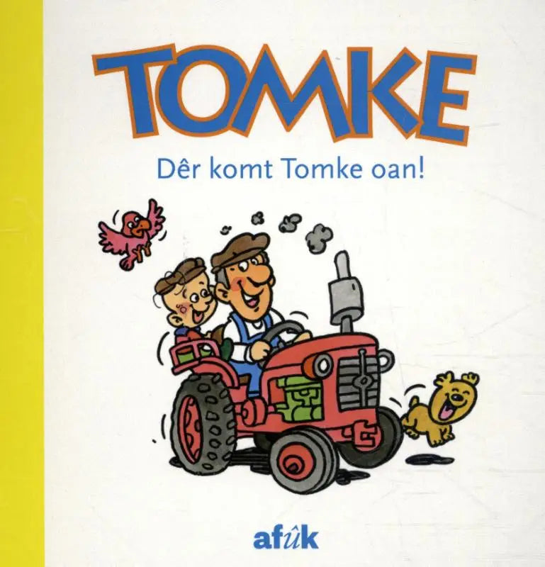 Rots en groene cartoontractor met lachende man en jongen en huisdieren in product der komt tomke oan