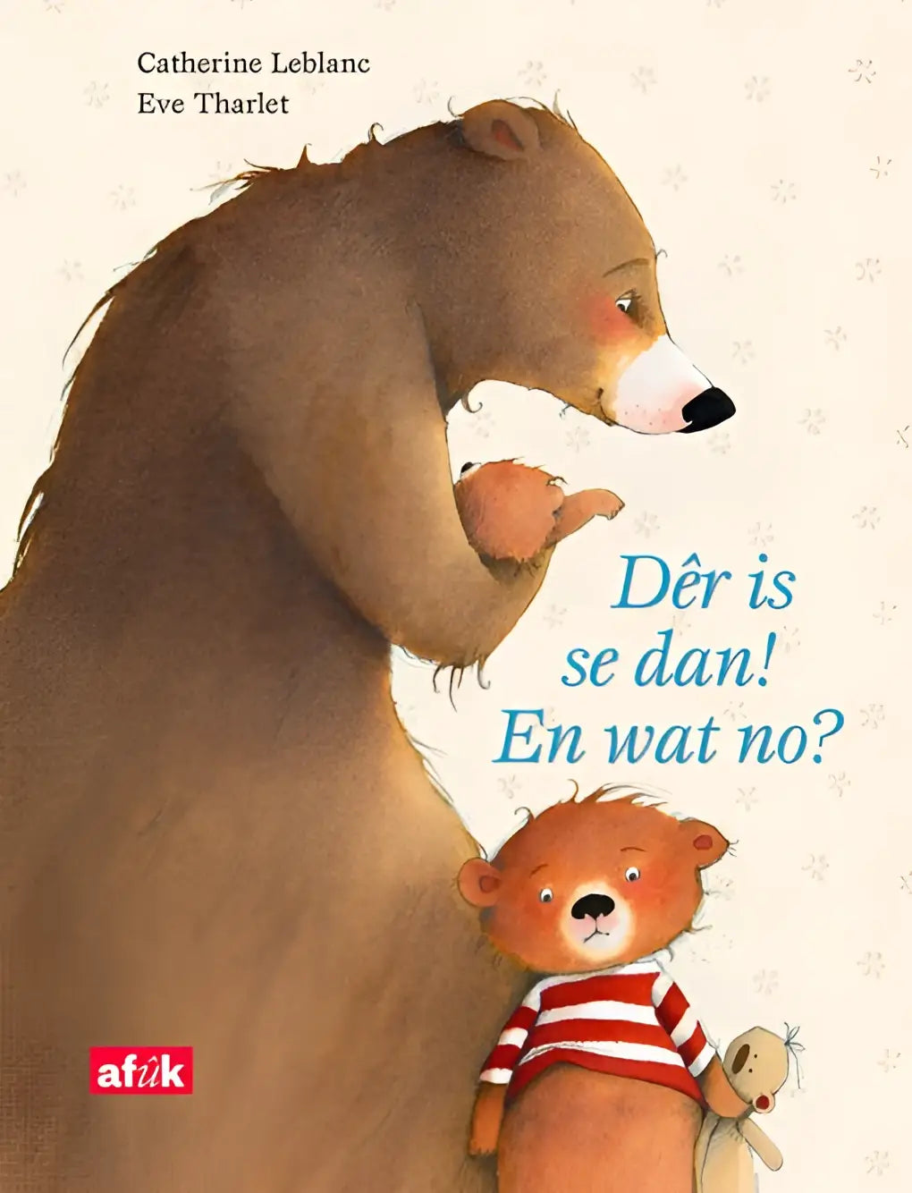 Een kinderboekcover met een grote bruine beer en een kleine oranje beer in gestreepte kleding voor jonge lezers