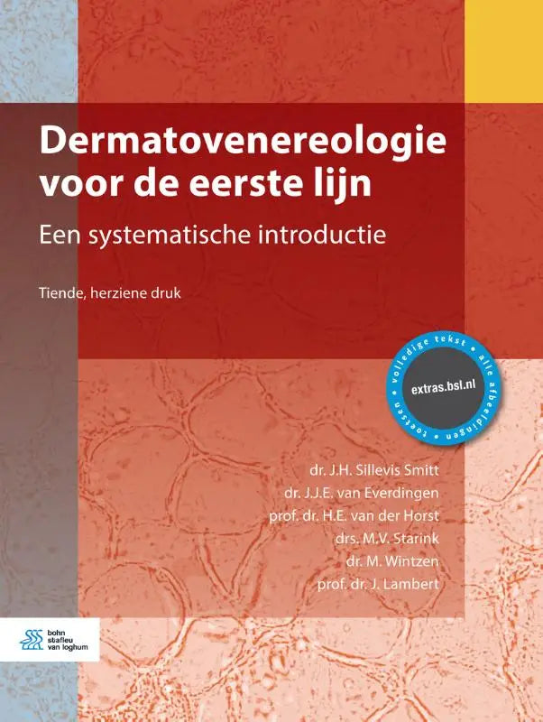 Het boek dermatovenereologie voor de eerste lijn heeft een rood-oranje geometrisch ontwerp en is gepubliceerd door bohn stafleu van loghum voor algemene praktijk en specialistische geneeskunde