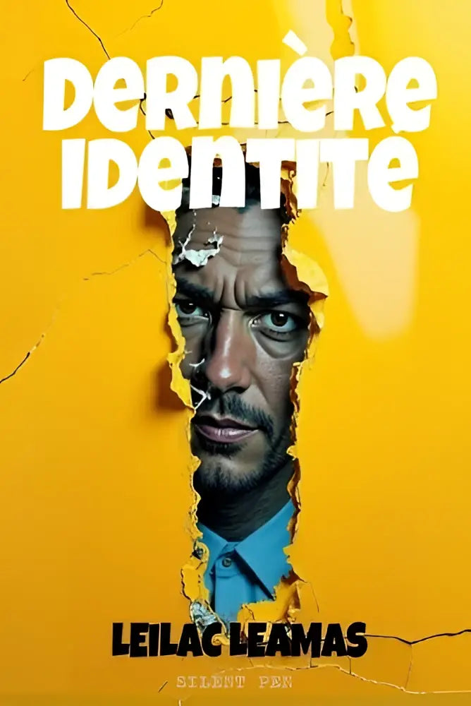 Een opvallende gele poster van dernière identité met een man die door gescheurd papier kijkt en witte tekst