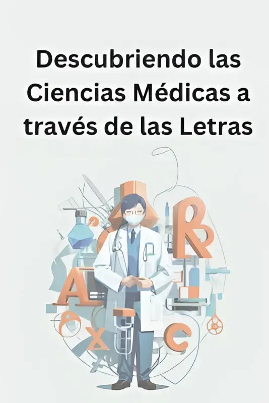 Gestileerde illustratie van een dokter in witte jas met medische symbolen voor descubriendo la ciencia médica a través de letras