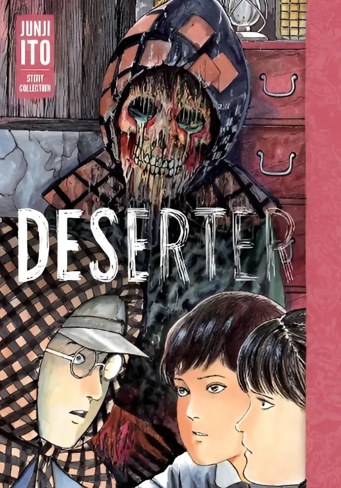 Cover van deserter junji ito story collection toont een dreigende skeletfiguur met oranje zwarte ruitkap en groene ogen