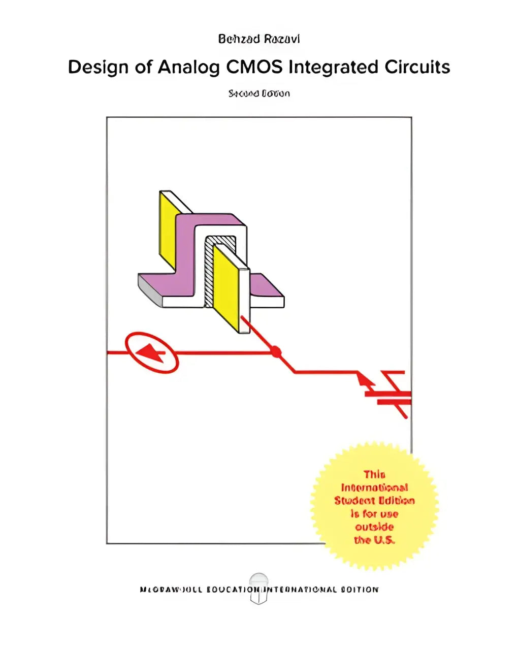 Witte hardcover tekstboek design of analog cmos integrated circuits toont diagram van cmos geïntegreerde schakelingen met paarse en gele componenten verbonden door rode lijnen